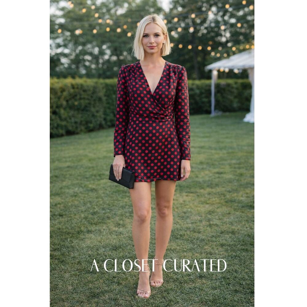 Re/Done Polka Dot Silk Satin Jacquard Wrap Mini Dress Small Red NEW